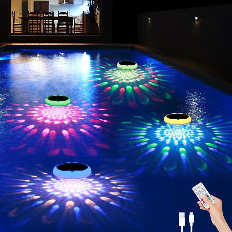 BOXPSII Solar Floating Pool Lights, 2600mAh USB Rechargeable Pool Lights That Float with Remote, 6.7’’ IP68 Waterproof Floating Light, 13 Colors Changing Upper and Lower Glow Hangable Solar Light for 4 PACK - Image 1